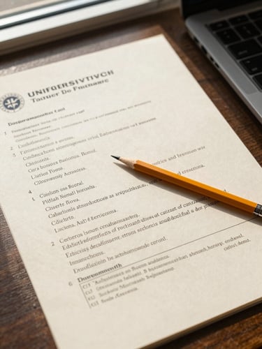 Close overhead shot on a desk in natural window light: a student's academic transcript beside a handwritten notes page listing university names and subject interests, a pencil resting across the page, cream paper texture, no faces