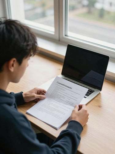 Medium shot from slightly above: a student seated at a wooden desk near a large north-facing window, reviewing a printed course pathway document with handwritten margin notes, a laptop open beside them, natural flat daylight across the desk surface, no shadows, calm focused atmosphere