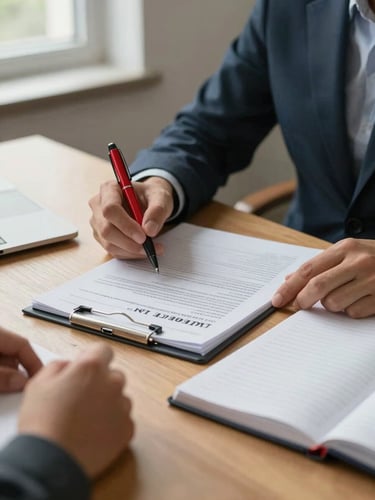Close medium shot of an advisor's hands holding a printed university application, red pen marking a paragraph, student's notebook open beside it on a wooden desk under diffused north-window light, no faces visible