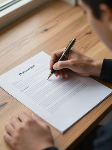 Medium shot from above: an advisor's hand holding a pen marks up a printed personal statement draft on a wooden desk, natural daylight from the left, corrections visible in the margins, no faces in frame