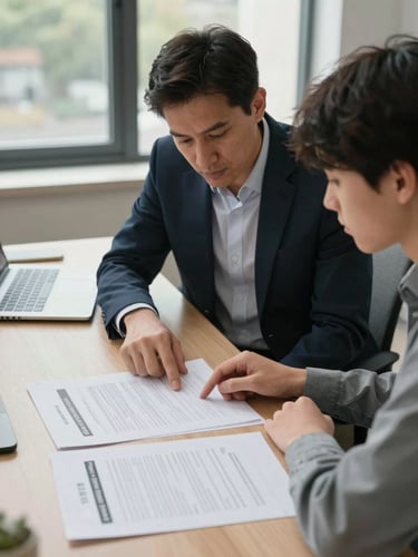 Medium shot at desk level — an advisor seated beside a student, both looking down at a printed university application spread across the desk, natural north-facing window light falling across the papers, the advisor's finger pointing at a specific line on the form, a laptop open in the background, calm and focused atmosphere, no eye contact with camera