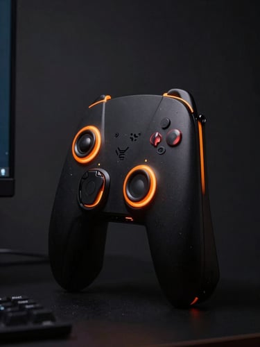 Dramatic low-key gaming setup, sharp orange rim lighting, dark charcoal background, high-contrast, 50mm