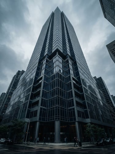 Low-angle architectural shot of a modern glass office tower reflecting cool overcast daylight, sharp geometric shadows, 35mm cinematic
