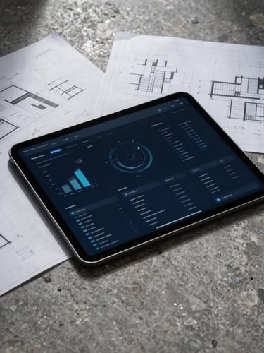 Crisp architectural flat-lay of technical drawings beside a modern tablet displaying an enterprise asset dashboard, dramatic side lighting, stone gray and navy tones.