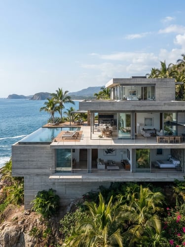 A wide-angle, clean architectural elevation of a luxury modern concrete and glass villa overlooking the ocean in Punta de Mita, bright natural daylight, sharp focus.
