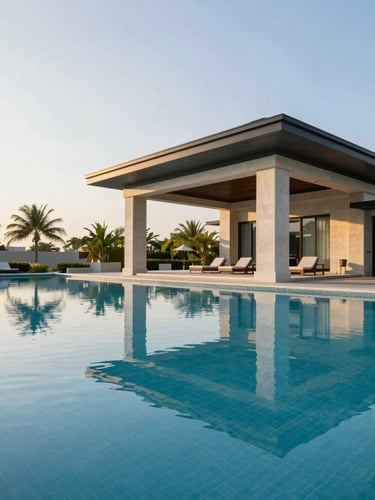 Wide-angle view of a pristine empty swimming pool reflecting a modern architectural pavilion, golden-hour exterior, sharp focus, premium architectural photography