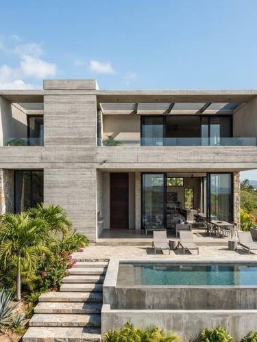 Straight-on architectural elevation of a modern concrete villa in Punta de Mita, bright natural daylight, sharp focus, premium architectural photography