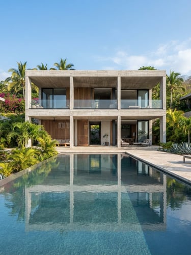 Straight-on architectural elevation of a modern concrete villa in Punta de Mita, bright tropical daylight, clean geometric lines, pristine pool reflection.