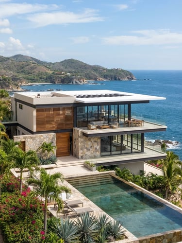 A striking modern coastal villa elevation in Punta de Mita, clean architectural lines, bright natural daylight, sharp focus
