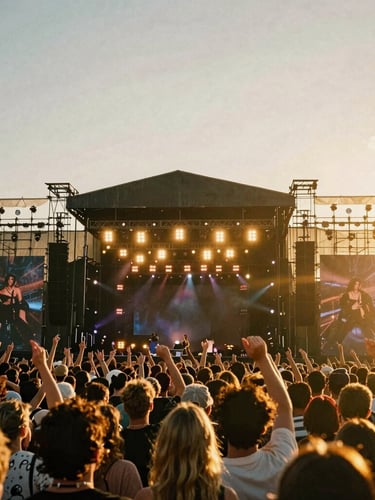 Cinematic low angle shot of a massive music festival stage at golden hour, dramatic stage lighting, crowd with hands raised, 35mm photography