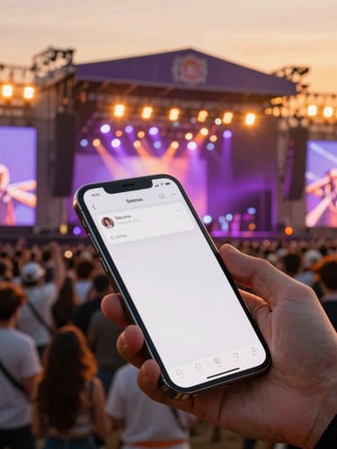 Cinematic low-angle shot of a massive music festival stage at golden hour, vibrant purple and orange lights cutting through a hazy crowd, modern smartphone mockup floating in the foreground showing a clean interface, 35mm photography