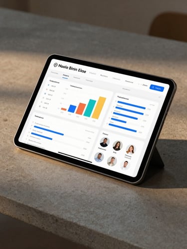 Sleek modern tablet mockup on a concrete desk, displaying a clean web dashboard with charts, financial metrics, and vendor profiles, soft side lighting, minimal aesthetic, 35mm.