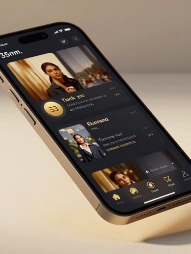 A premium smartphone mockup floating over a minimal warm off-white surface, displaying a sleek dark-themed event ticketing app interface with golden accents, high-contrast studio lighting, 35mm.