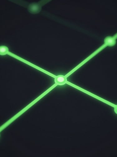 Sleek dark-mode UI rendering showing a visual deployment pipeline with glowing neon green connection nodes, high-contrast obsidian tones, crisp macro focus