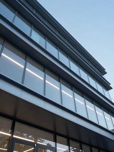 Low-angle architectural shot of a modern professional service office, steel and glass elements, cool blue LED lighting, sharp geometric lines
