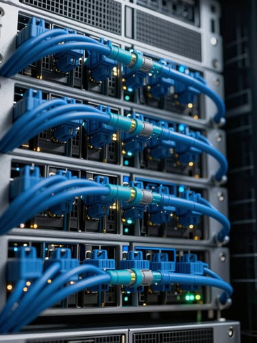 Macro shot of organized server racks with precise blue and cyan cabling, clean technical layout, cool LED indicator glows, low angle.