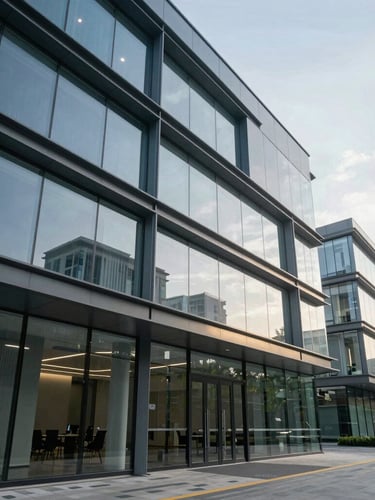 Wide-angle architectural shot of a modern professional service office with glass partitions, cool daylight, and structured steel frames.