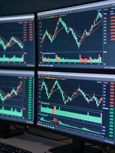 Sleek close-up of a multi-monitor trading station displaying dense candlestick charts and order flow depth, cool screen-glow ambient lighting, 35mm