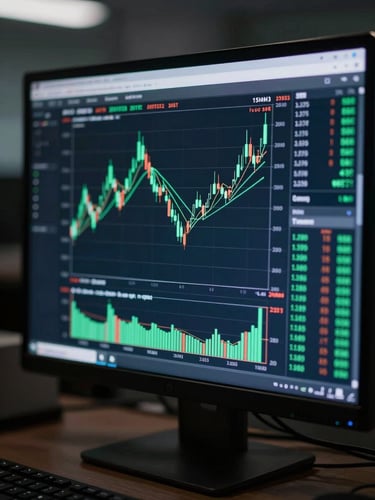 Close-up of a high-resolution trading monitor displaying live candlestick charts and technical indicators in a dark room with cool emerald screen-glow, shallow depth of field, 35mm