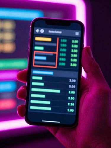 High-contrast close-up of a hand holding a glowing smartphone displaying colorful charts, vibrant magenta neon reflections, sharp digital focus