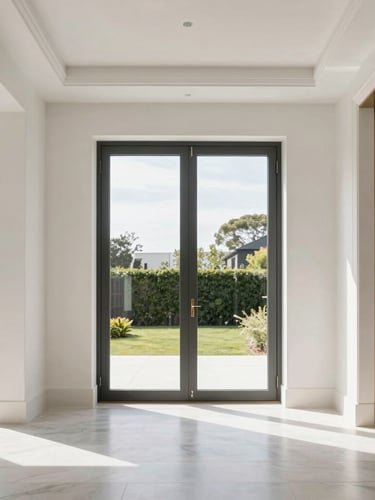 Symmetrical architectural photograph of a pristine, high-end residential interior, polished brass accents, bright natural daylight, 35mm
