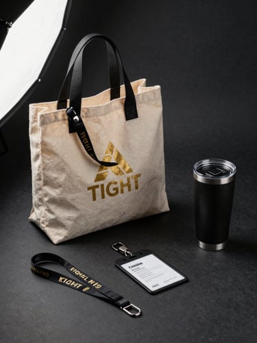 Tight product shot of branded merchandise set — corporate tote bag, lanyard, and tumbler arranged on a matte dark surface, studio strobe from upper left casting precise shadows, gold foil print detail on tote bag visible and sharp, materials photographed at slight angle to reveal texture depth