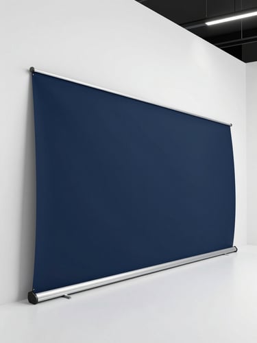 Tight panoramic left-side frame of a large-format rollup banner installed at a corporate exhibition booth interior, navy-branded graphics crisp against a clean white venue wall, controlled studio strobe lighting emphasizing material flatness and print precision, left edge of banner bleeding to canvas boundary