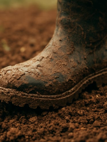 A muddy boot stepping onto fertile farm soil, close-up, warm natural daylight, rich forest green tones, 35mm photography