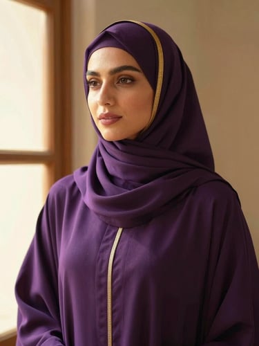 Elegant Muslim model in a gracefully draped deep purple abaya and soft gold-trimmed hijab, soft golden-hour window light, looking slightly off-camera, medium portrait shot