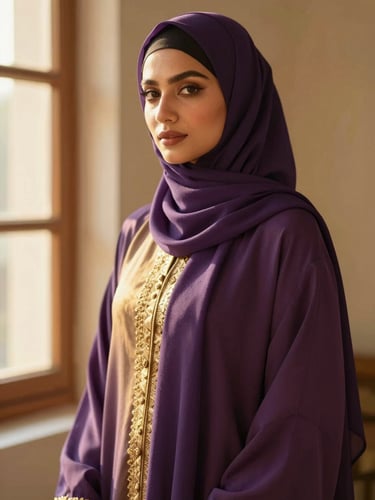 Elegant Muslim model wearing a beautifully styled abaya and hijab, soft golden-hour window light, highlighting fabric drape.