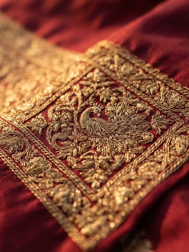 Macro close-up of intricate gold zari work on a deep crimson silk saree, showing the dense interlocking weft, warm golden-hour side light, shallow depth of field.
