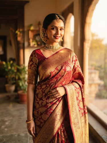 A portrait of an elegant woman wearing a rich crimson handloom saree with gold zari work, draped gracefully, soft directional golden-hour light.