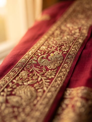 Close-up macro shot of intricate gold zari borders on a deep crimson silk saree, warm golden-hour window light, shallow depth of field.