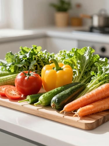 Bright clean kitchen workspace with fresh colorful vegetables, a cutting board, and warm natural morning light, highly aspirational