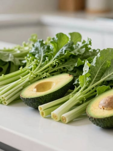 A close-up of vibrant fresh green vegetables, avocado, and lime on a clean white kitchen counter, natural side light, shallow depth of field