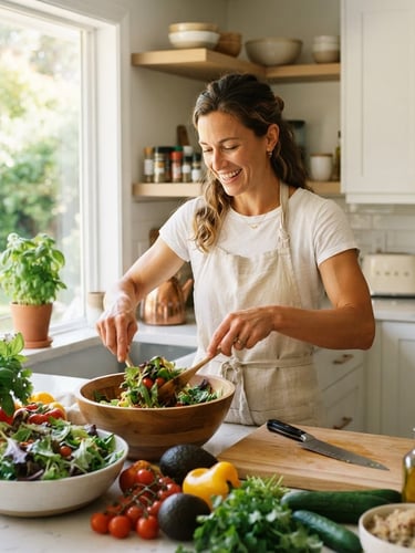 Bright lifestyle photography of a healthy, active adult preparing a fresh, colorful meal in a sunlit modern kitchen, natural morning daylight, shallow depth of field, 35mm