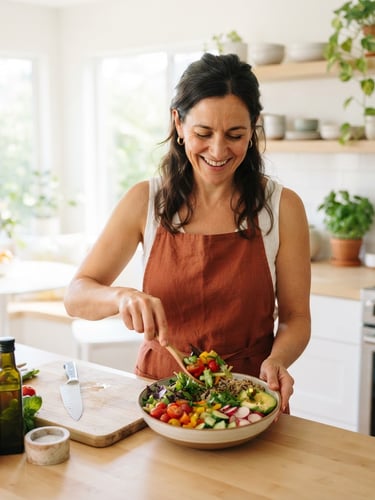 A bright, clean kitchen in morning light, a woman smiling while preparing a colorful vegetable bowl, shallow depth of field, 35mm