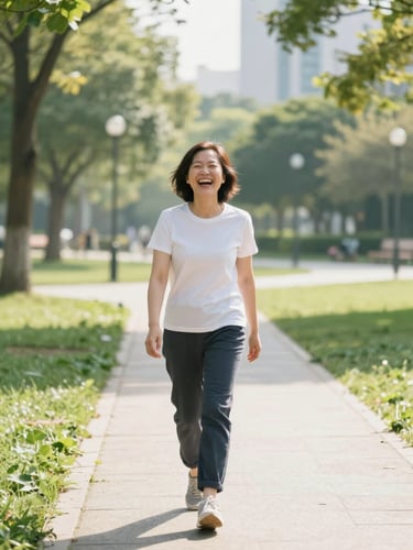 Active adult laughing during an outdoor morning walk in a sunlit park, bright natural daylight, candid 35mm photography
