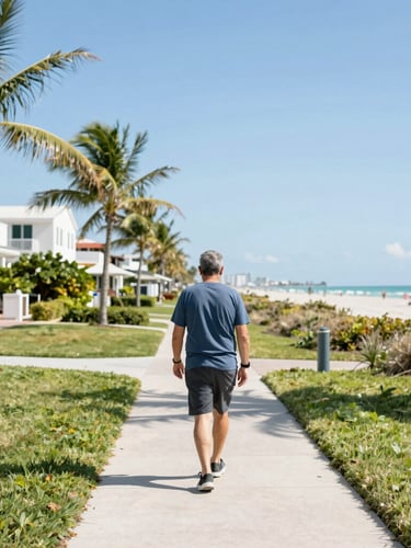 A candid shot of an active adult walking along a sunlit coastal path in Delray Beach, bright natural daylight, fresh vibrant tones, 35mm