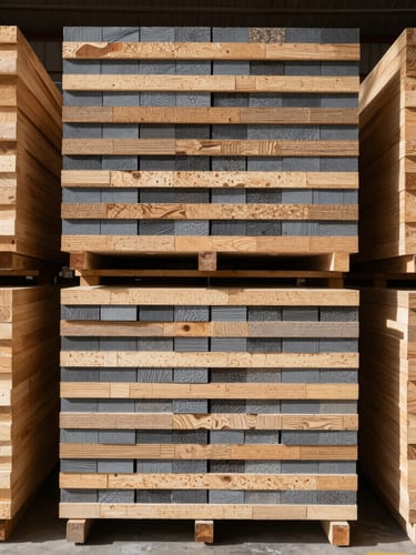Straight-on geometric shot of neatly stacked multi-ply plywood and timber bundles in warehouse racks, sharp natural side-lighting, raw wood tones