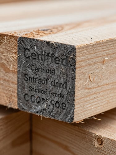 Macro close-up of structural timber end-grain showing certified stress grade stamps, sharp natural side-lighting, raw wood texture.