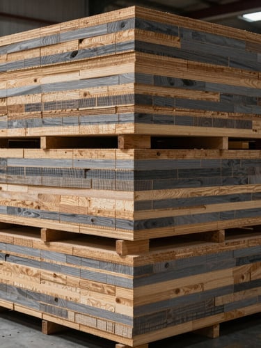 Straight-on geometric shot of neatly stacked multi-ply plywood bundles in warehouse racks, industrial warehouse photography, sharp natural side-lighting, raw wood tones and charcoal gray, 50mm