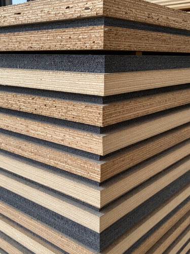 Straight-on geometric shot of a high-contrast cross-section stack of multi-ply plywood, raw wood tones and charcoal gray, crisp details, 50mm