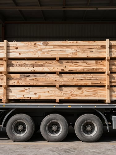 Straight-on geometric shot of a flatbed truck being loaded with timber bundles in a high-contrast warehouse daylight setting, industrial scale