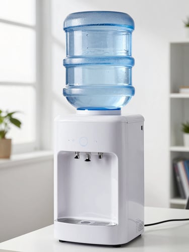 Bright eye-level shot of a modern office water dispenser setup in Islamabad, clean natural daylight, professional environment.