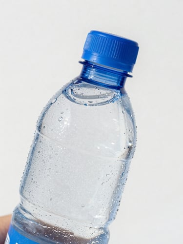 Crisp close-up of a condensation-covered water bottle being held in bright high-key natural daylight, clean blue and white tones, sharp focus.