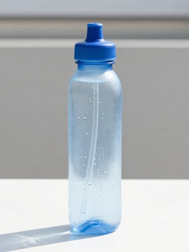 Crisp condensation-covered water bottle standing on a clean surface in bright natural daylight, 50mm lens, sharp focus, blue and white tones