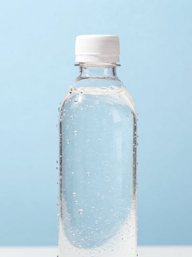 Crisp high-key product photography of a clean 1.5L water bottle with water droplets, bright daylight, soft blue background.
