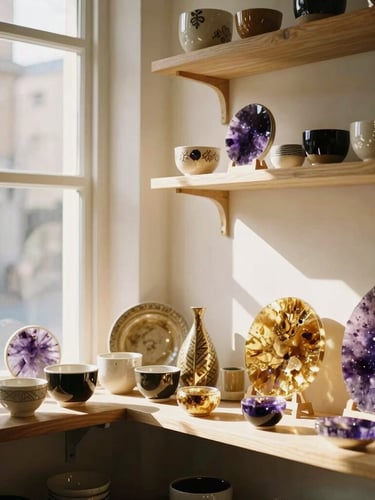 Cozy artisanal boutique interior with sunlight streaming through a window, handmade ceramics and colorful resin art displayed on wooden shelves, warm editorial photography, 35mm.