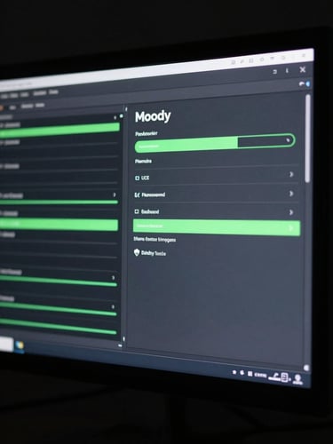 Moody tech photography of a clean terminal interface on a monitor, cool screen-glow lighting, deep dark grays with neon green accents, sharp focus, 35mm